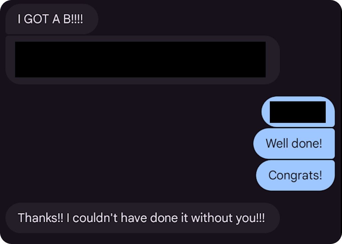 Screenshot of a text message from Hailey M. after the final.