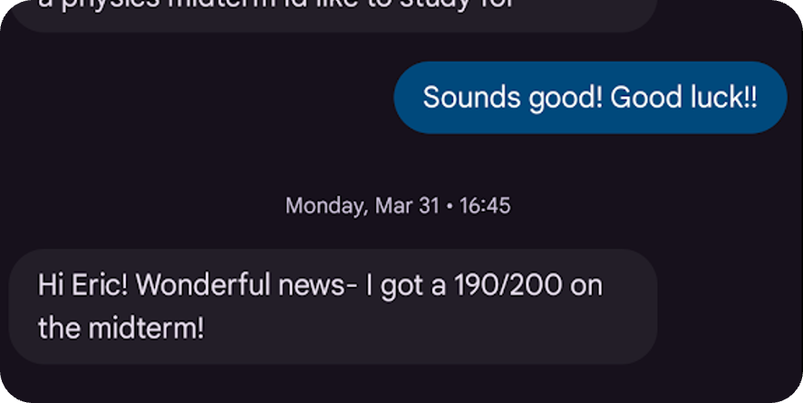 Screenshot of a text message from Hunter R. after the Organic Chemistry II exam.