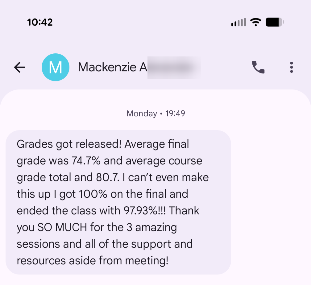 Screenshot of a text message from Mackenzie A. on the day final grades were released.
