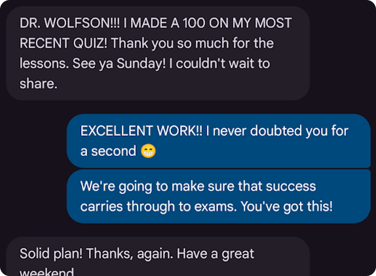 Screenshot of a text message from Deanna J. after the first session.